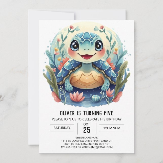 Convite Aniversário do Aquatic Boho Whimsy Turtle Boy (Frente)