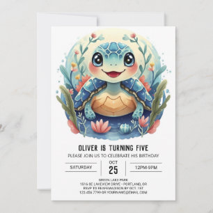 Convite Aniversário do Aquatic Boho Whimsy Turtle Boy