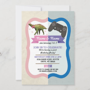 Convite Aniversário do Arco do Dinossauro e Garota Mista