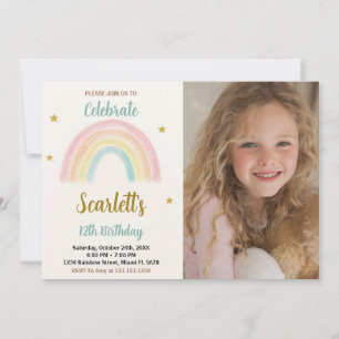 Convite Aniversário do Arco-Íris Doce com fotografia
