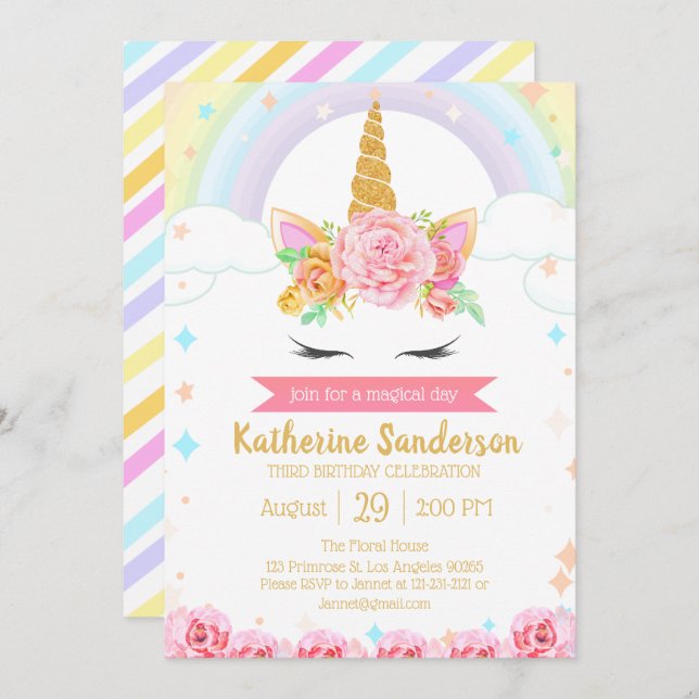 Convite Aniversário do Arco-Íris Mágico do Unicórnio Rosto (Frente/Verso)