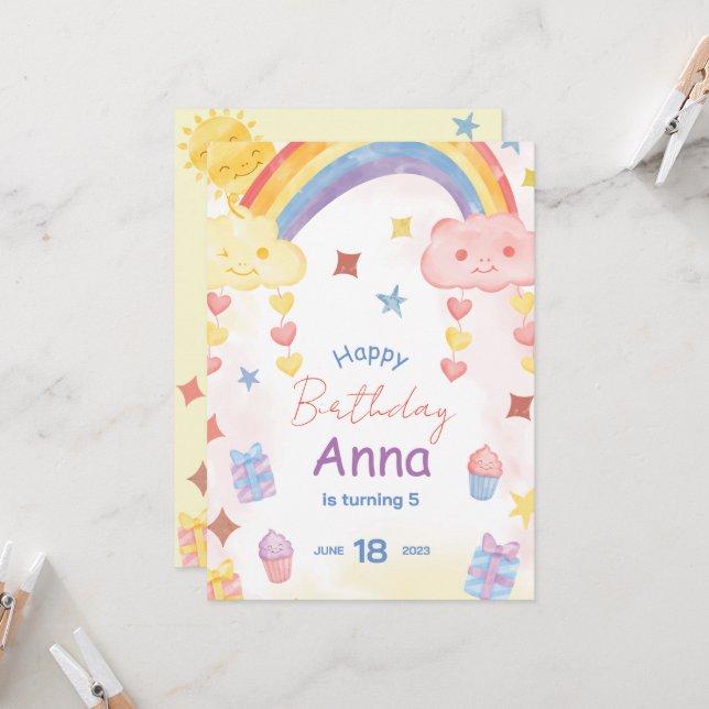 Convite Aniversário do Arco-Íris, Sol e Nuvens Cachorros (Frente/Verso In Situ)