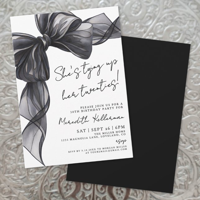 Convite Aniversário do Arco Preto Elegante (Elegant Watercolor Black Bow Birthday Invitation)
