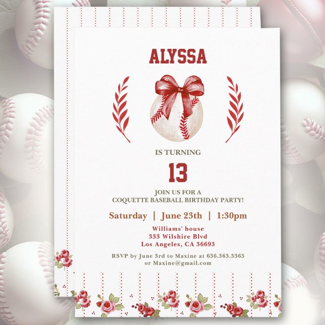 Convite Aniversário do Arco Vermelho Coquette Baseball Mod (Coquette Baseball Red Bow Floral Modern Birthday Invitation)