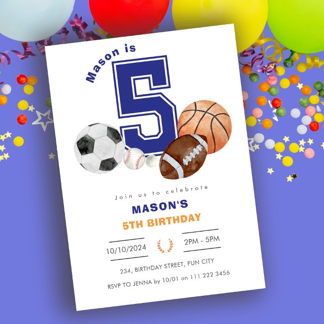 Convite Aniversário do atleta 5 desportivo (Sports 5th Boy Athlete Birthday Invitation)