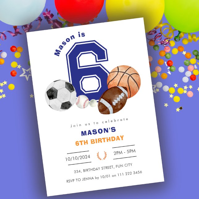 Convite Aniversário do atleta 6 desportivo (Sports 6th Boy Athlete Birthday Invitation)
