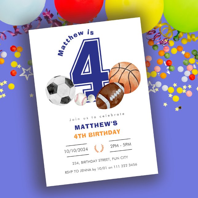 Convite Aniversário do atleta desportivo 4 (Sports 4th Boy Athlete Birthday Invitation)