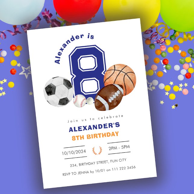 Convite Aniversário do atleta Esportivo 8º (Sports 8th Boy Athlete Birthday Invitation)