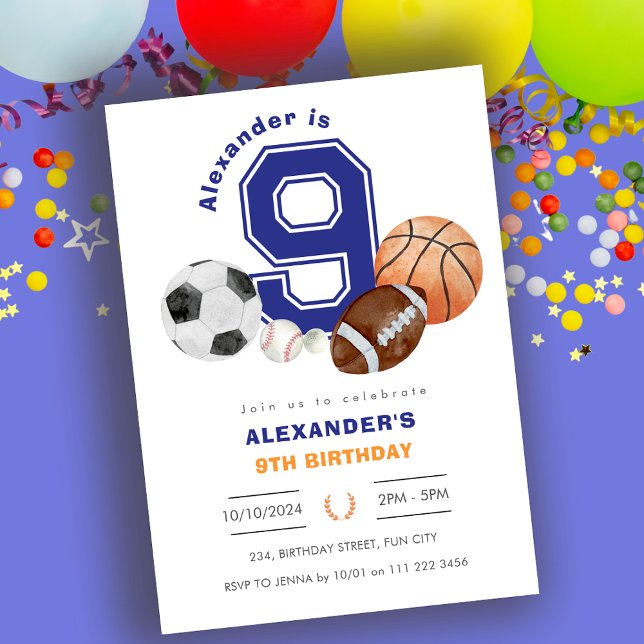 Convite Aniversário do atleta Esportivo 9º (Sports 9th Boy Athlete Birthday Invitation)