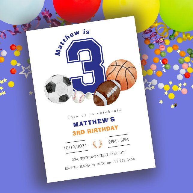 Convite Aniversário do atleta Esportivo de 3º Rapaz (Sports 3rd Boy Athlete Birthday Invitation)