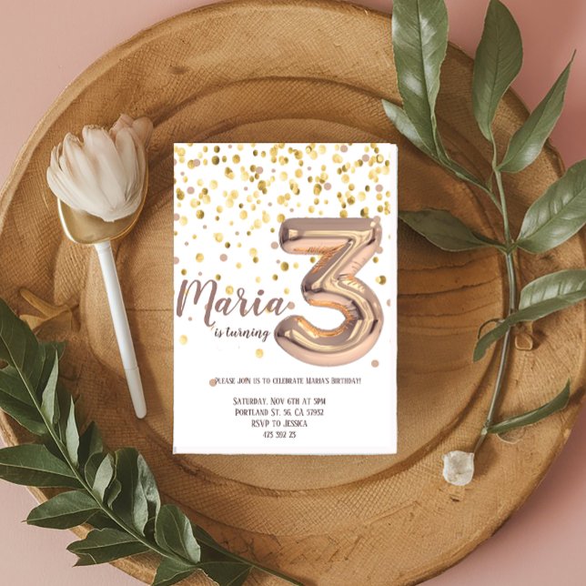 Convite Aniversário do Balão Confetti do Rosa Dourado Foil (Criador carregado)