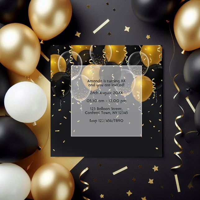 Convite Aniversário do Balão Dourado e Negro Elegante (Elegant Black and Gold Balloon Birthday Invitation)