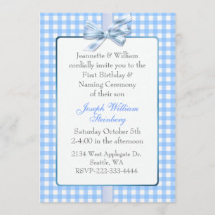 Convite Aniversário do Bebê Azul Gingham e Cerimônia de