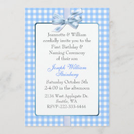 Convite Aniversário do Bebê Azul Gingham e Cerimônia de No