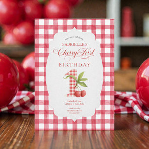 Convite Aniversário do Bebê com Xadrez Vermelho e Cereja