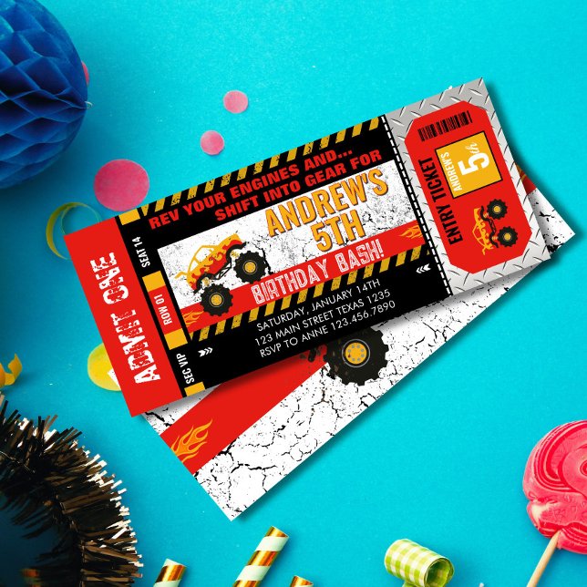 Convite Aniversário do Bilhete de Caminhão Monster (bold red and yellow colors and a grunge-style background, this editable birthday invite is perfect f)