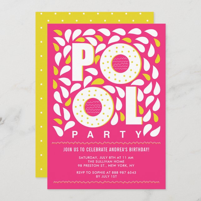 Convite Aniversário do Bloco de Festas de Piscina Rosa e A (Frente/Verso)