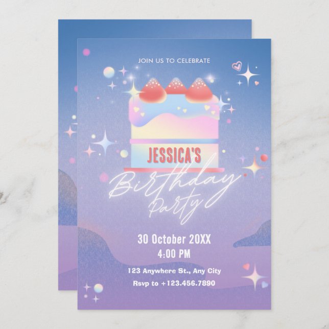 Convite Aniversário do bolo de morango (Frente/Verso)