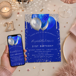Convite Aniversário do brilhante azul-prata pinga balões
