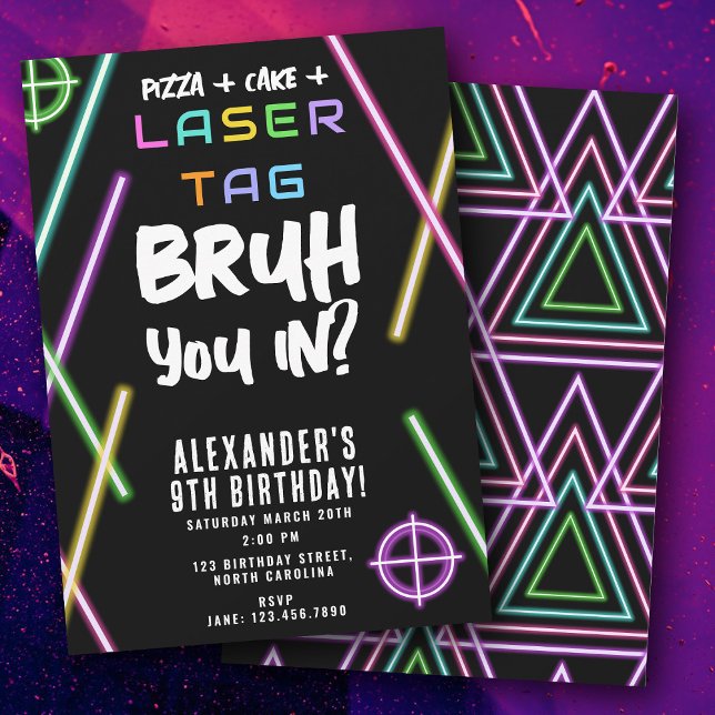 Convite Aniversário do Bruh Boy com Jogo de Laser Neon (Bruh Boy's Birthday Neon Laser Tag Invitation)