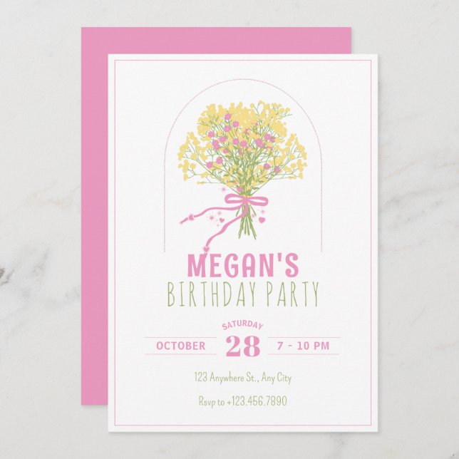 Convite Aniversário do buquê de flor rosa amarela (Frente/Verso)