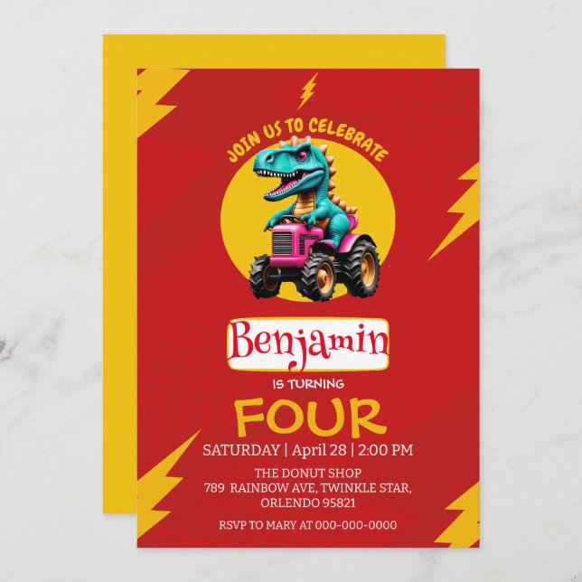Convite Aniversário do caminhão de fazendeiros de dinossau (Frente/Verso)