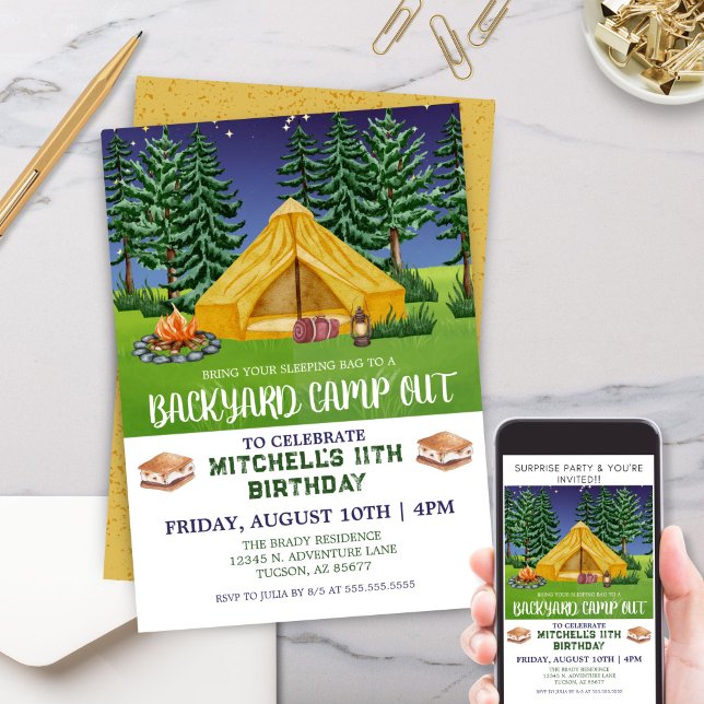 Convite Aniversário do Campo de Smores ao ar livre (Modern Camping Outdoors Backyard Campout Birthday Party Invitation for Kids or Family Camping Trip)