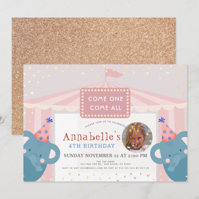 Convite Aniversário do Carnaval Elefante Rosa-Rosa Foto (Frente/Verso)