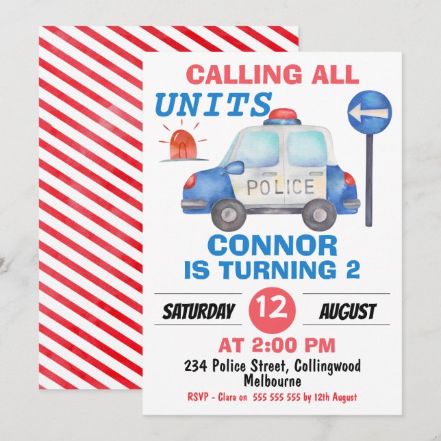 Convite Aniversário do Carro da Polícia de Cores Aquáticas (Frente/Verso)
