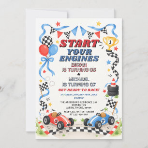 Convite Aniversário do Carro de Corrida Azul e Vermelho -
