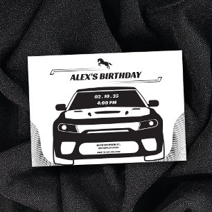 Convite Aniversário do Carro de Mustang, preto e branco
