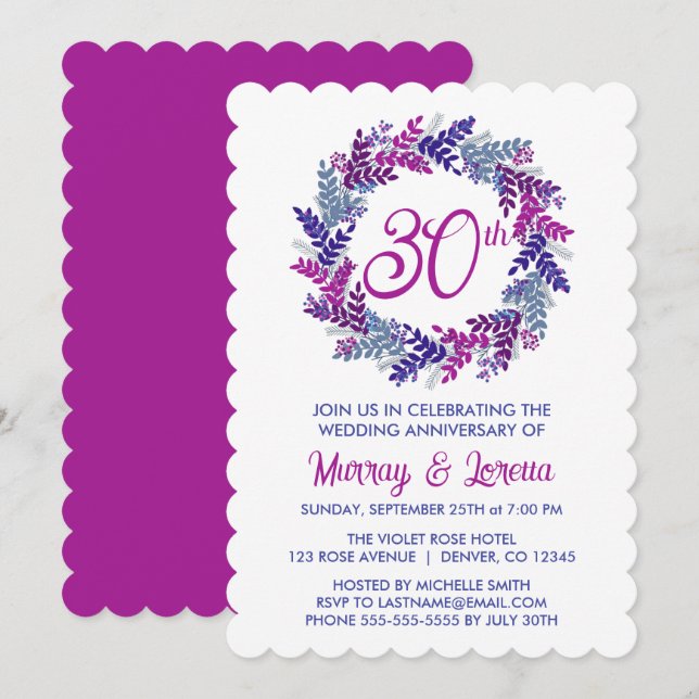 Convite Aniversário do Casamento da 30 de Wreath Rosa Eleg (Frente/Verso)