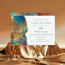Convite Aniversário do Casamento Dourado do Teal Abstrato 