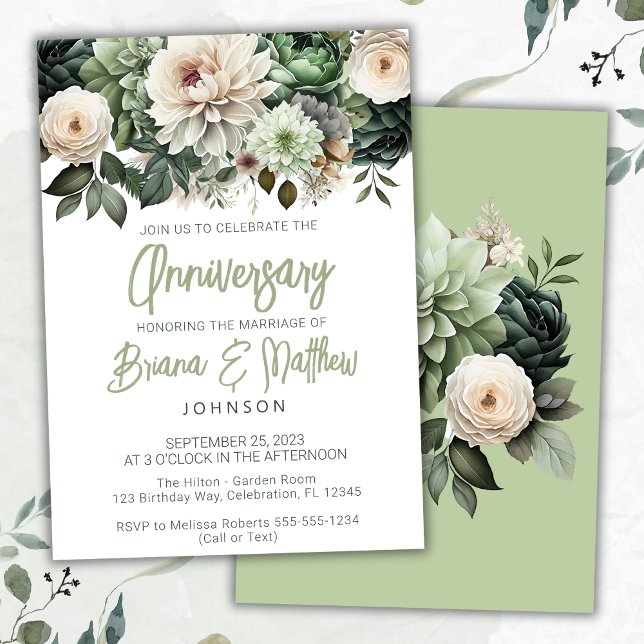 Convite Aniversário do Casamento Floral de Sage Green (Criador carregado)