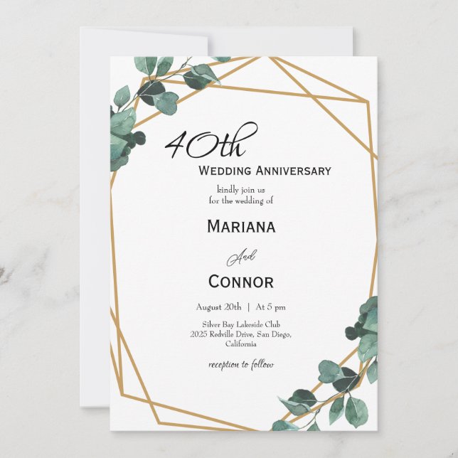 Convite Aniversário do Casamento Romântico de Emerald Gree (Frente)