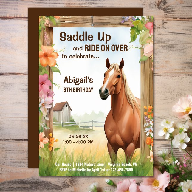 Convite Aniversário do Cavalo Bonito e Flores (Saddle Up Pretty Horse and Flowers Birthday Invitation)