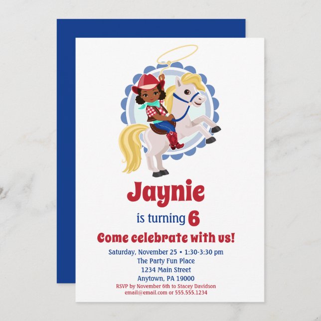 Convite Aniversário do Cavalo Rodeo, Moça Americana Africa (Frente/Verso)