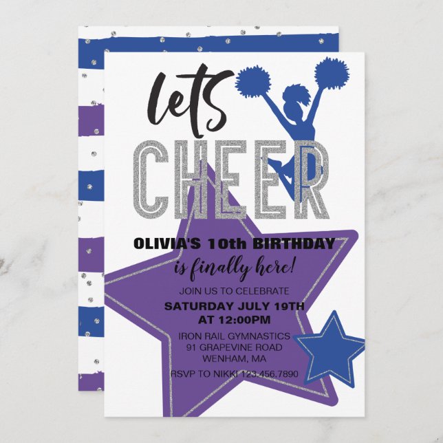 Convite Aniversário do Cheerhead Purple Blue Chethday (Frente/Verso)