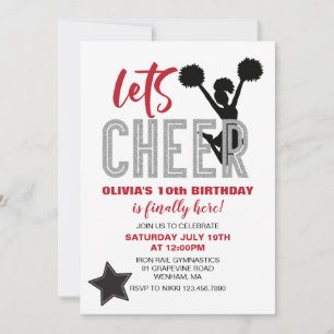 Convite Aniversário do Cheerhead Red, Silver e Black Cheer