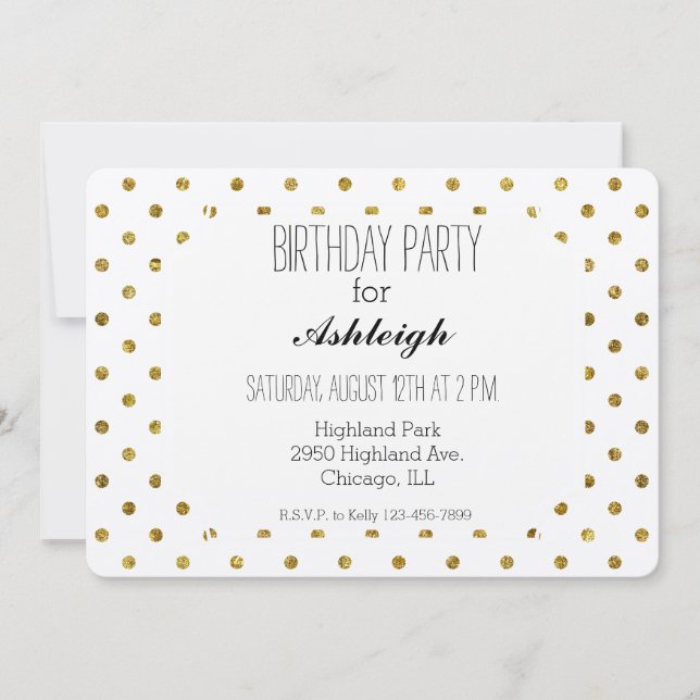 Convite Aniversário do Chic Dourado Glam e White Bolinhas (Frente)