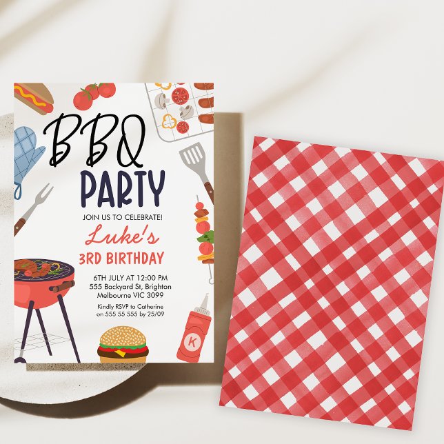 Convite Aniversário do Churrasco Azul Forno Mitt Churrasco (Bbq birthday party invitation, Backyard Bbq Birthday Invitation, Gingham, blue mitt, Summer Bbq)