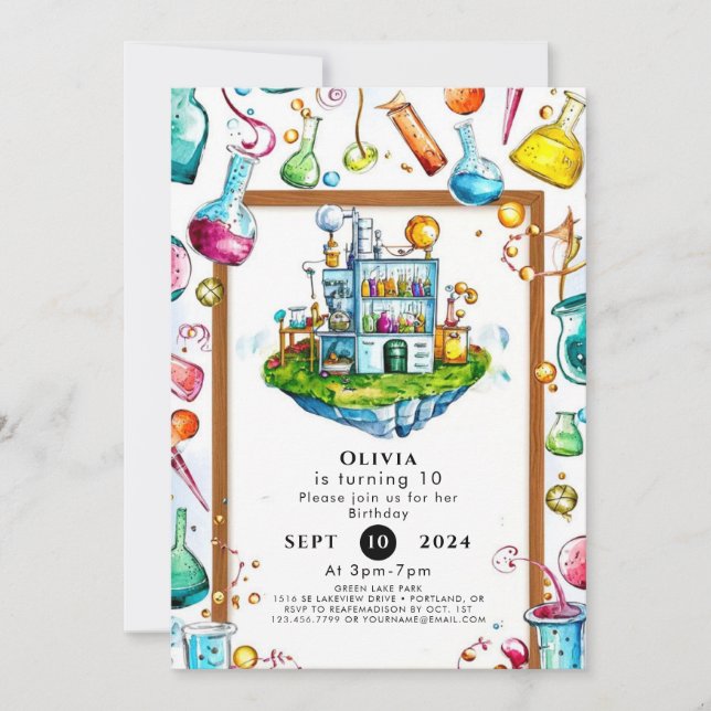 Convite Aniversário do Cientista Mágico Editável Simples (Frente)