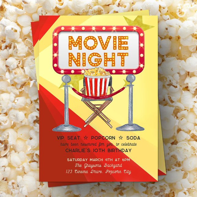 Convite Aniversário do Cinema Noturno de Popcorn Party (Movie Night Birthday Invitation from my Kids Birthday Invitation collection
)