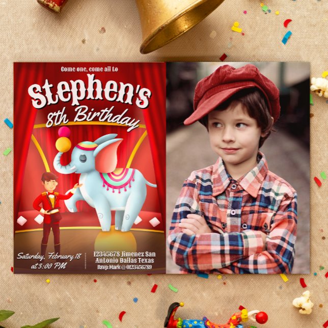Convite Aniversário do Circo Moderno com Foto (Circus Birthday Landscape  Invitation with Photo)