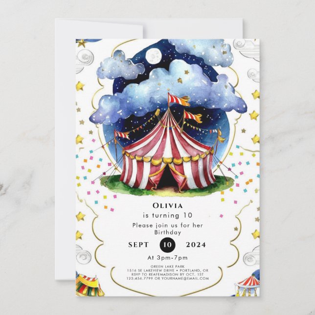 Convite Aniversário do Circus de Aquarela Personalizada (Frente)
