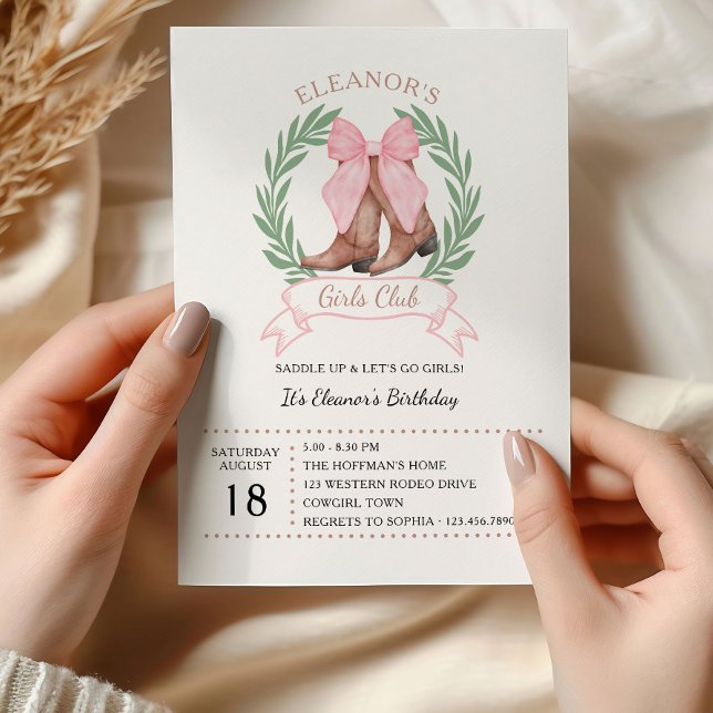 Convite Aniversário do Clube das Raparigas do Oeste de Arc (Cowgirl boots & pink bows birthday invitation by Darling & May. Saddle up and Lets go Girls! )