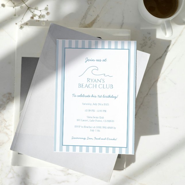 Convite Aniversário do Clube de Praia de Stripe Branco e A (Criador carregado)