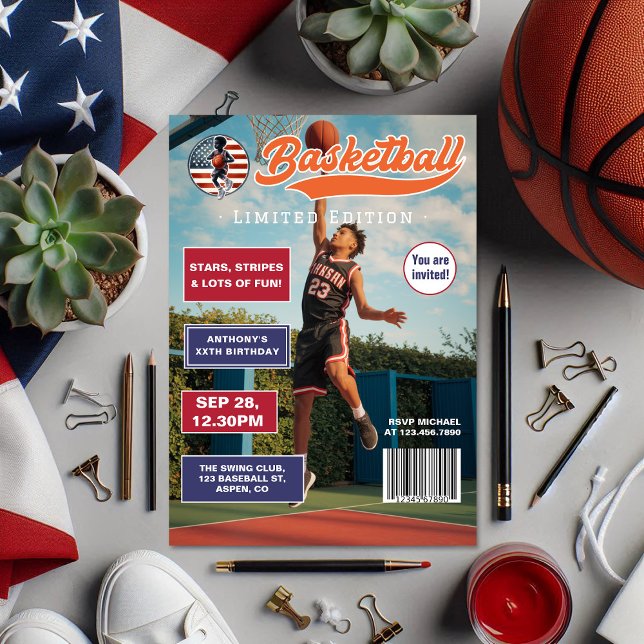 Convite Aniversário do Cobrir da revista American Boy Basb (American Boy Basketball Magazine Cover Birthday Invitation)