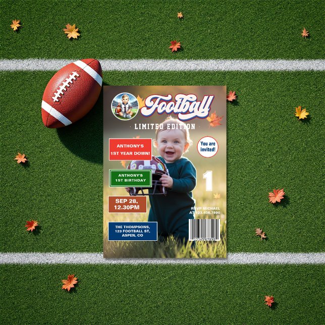 Convite Aniversário do Cobrir da Revista de Futebol no Pri (Football First Year Down Magazine Cover Birthday Invitation)