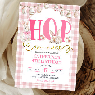 Convite Aniversário do Coelho Gingham Boho Floral Hop on o